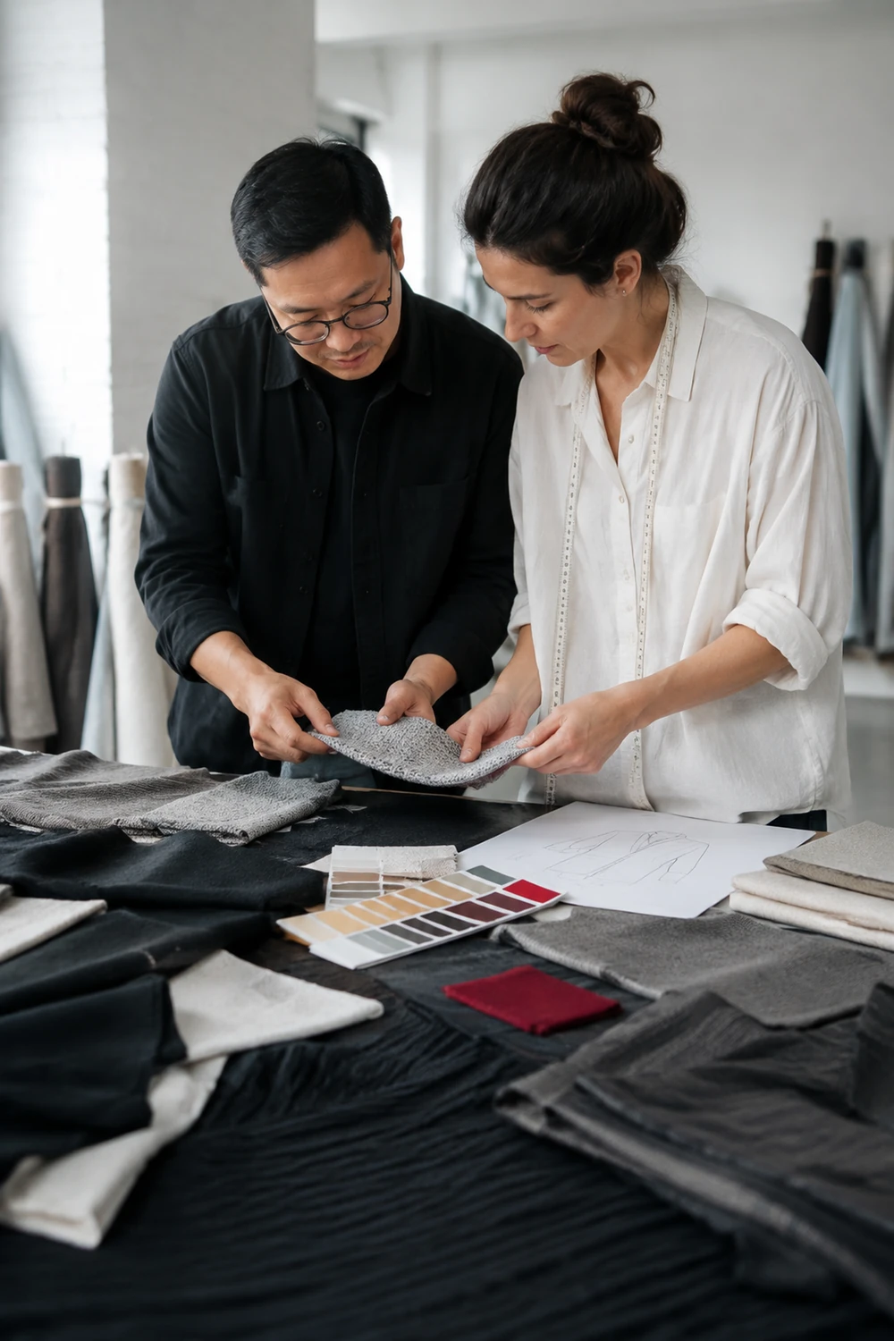 A textile developer and apparel designer reviewing fabric samples together