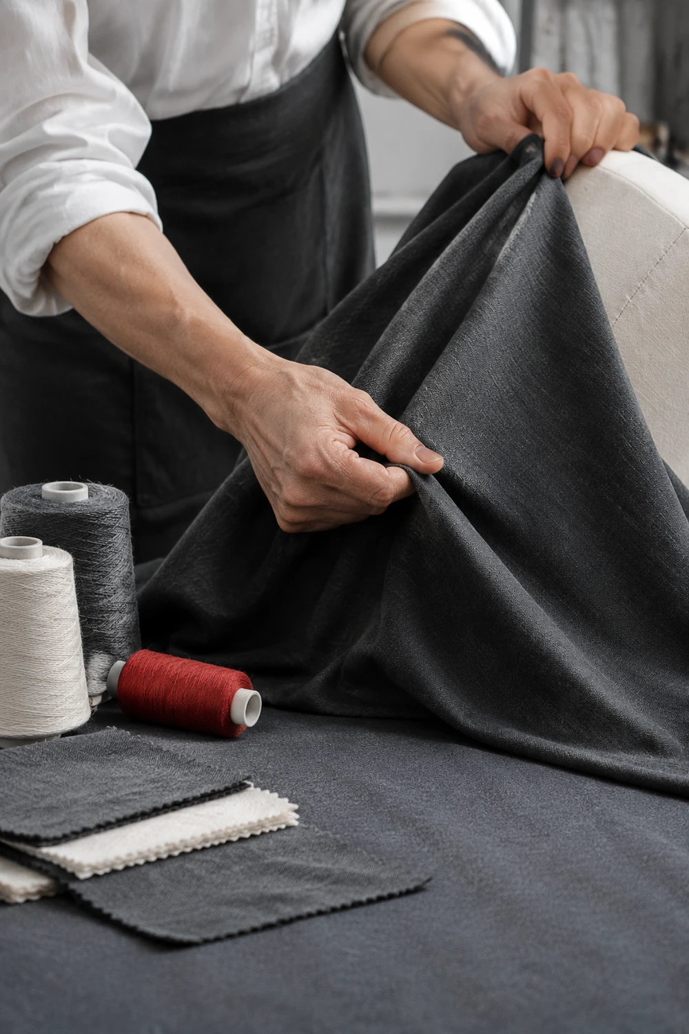Experienced hands assessing the drape and texture of dark fabric