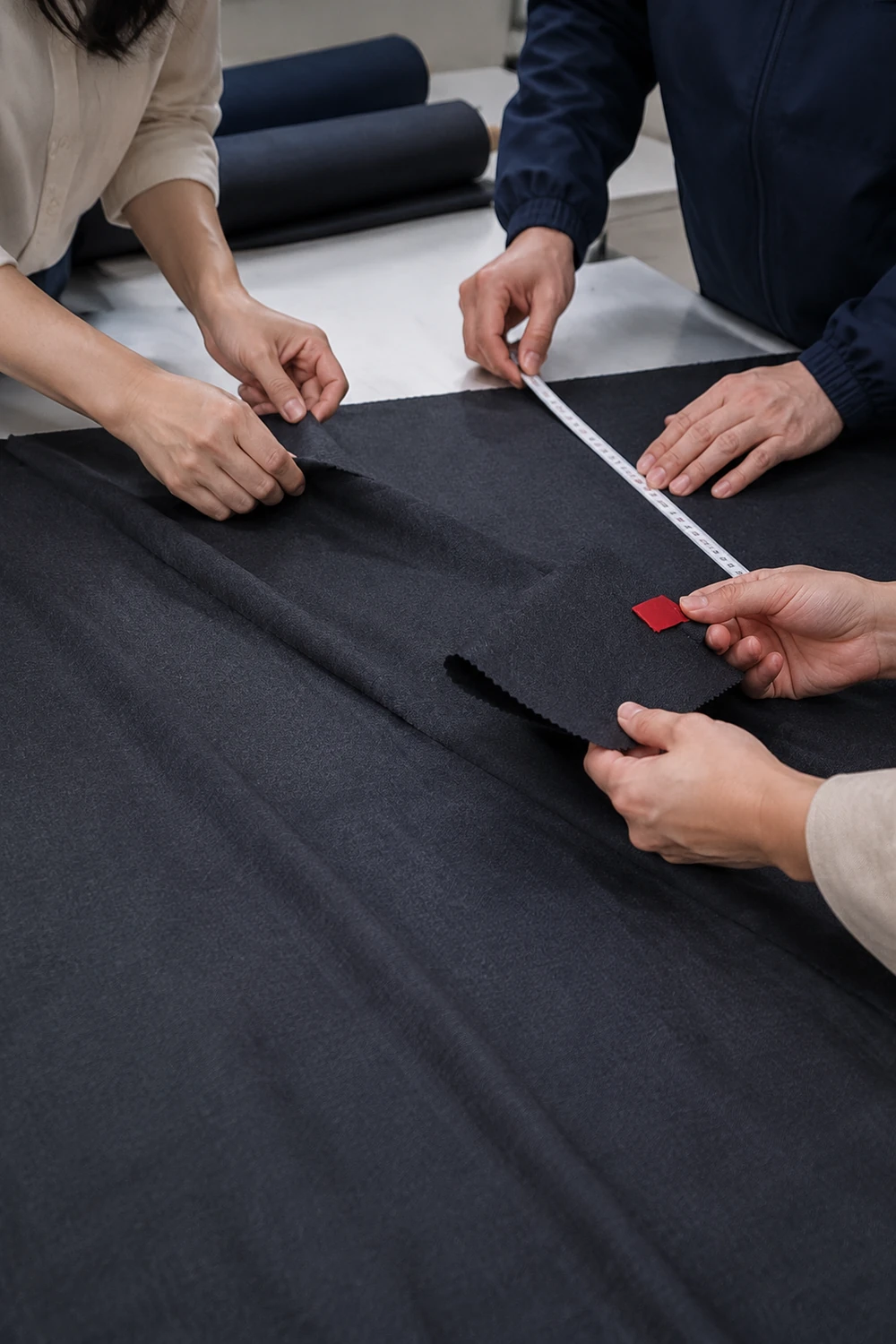 A textile team measuring fabric against an approved reference swatch