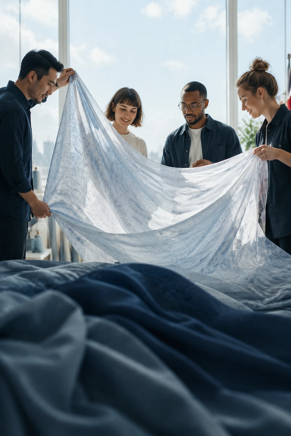 An international textile team examining a translucent fabric in daylight